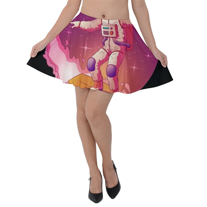 Astronaut-spacesuit-standing-surfboard-surfing-milky-way-stars Velvet Skater Skirt