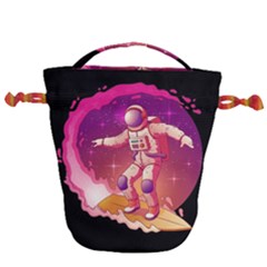 Astronaut-spacesuit-standing-surfboard-surfing-milky-way-stars Drawstring Bucket Bag by Salman4z