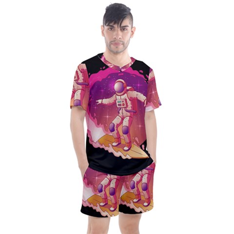 Astronaut-spacesuit-standing-surfboard-surfing-milky-way-stars Men s Mesh Tee And Shorts Set by Salman4z