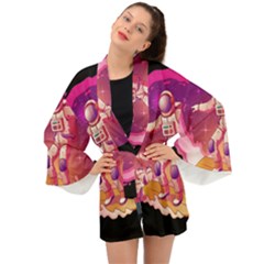 Astronaut-spacesuit-standing-surfboard-surfing-milky-way-stars Long Sleeve Kimono by Salman4z