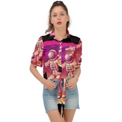 Astronaut-spacesuit-standing-surfboard-surfing-milky-way-stars Tie Front Shirt  by Salman4z