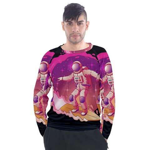 Astronaut-spacesuit-standing-surfboard-surfing-milky-way-stars Men s Long Sleeve Raglan Tee by Salman4z