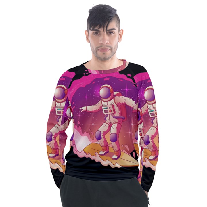 Astronaut-spacesuit-standing-surfboard-surfing-milky-way-stars Men s Long Sleeve Raglan Tee