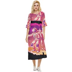 Astronaut-spacesuit-standing-surfboard-surfing-milky-way-stars Double Cuff Midi Dress by Salman4z