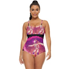 Astronaut-spacesuit-standing-surfboard-surfing-milky-way-stars Retro Full Coverage Swimsuit by Salman4z