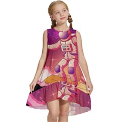 Astronaut-spacesuit-standing-surfboard-surfing-milky-way-stars Kids  Frill Swing Dress by Salman4z