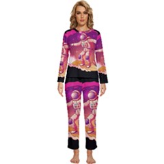 Astronaut-spacesuit-standing-surfboard-surfing-milky-way-stars Womens  Long Sleeve Lightweight Pajamas Set by Salman4z