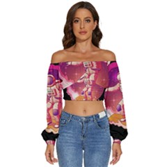 Astronaut-spacesuit-standing-surfboard-surfing-milky-way-stars Long Sleeve Crinkled Weave Crop Top by Salman4z