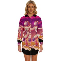 Astronaut-spacesuit-standing-surfboard-surfing-milky-way-stars Womens Long Sleeve Shirt Dress