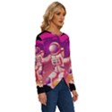 Astronaut-spacesuit-standing-surfboard-surfing-milky-way-stars Long Sleeve Crew Neck Pullover Top View3