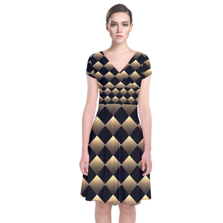 Golden Chess Board Background Short Sleeve Front Wrap Dress