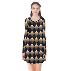 Golden Chess Board Background Long Sleeve V-neck Flare Dress