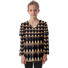 Golden Chess Board Background Kids  V Neck Casual Top by pakminggu