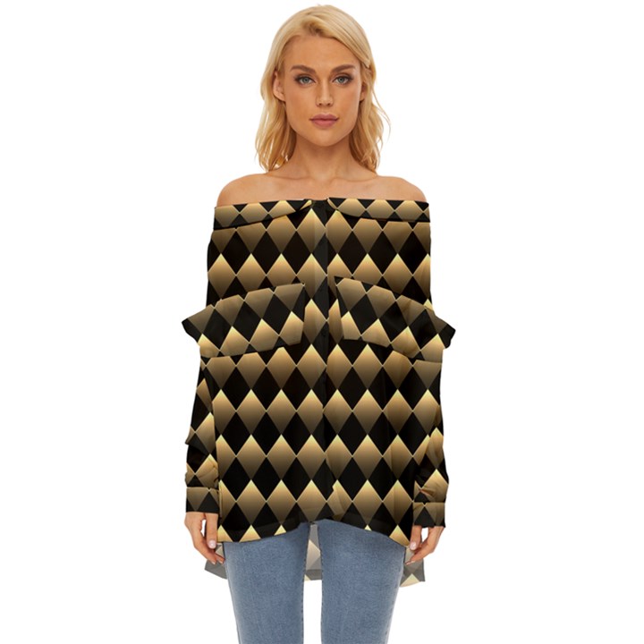 Golden Chess Board Background Off Shoulder Chiffon Pocket Shirt