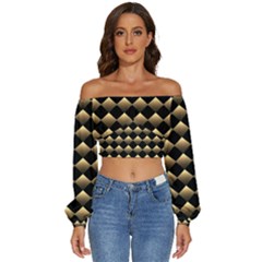 Golden Chess Board Background Long Sleeve Crinkled Weave Crop Top