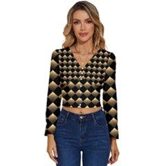 Golden Chess Board Background Long Sleeve V-neck Top