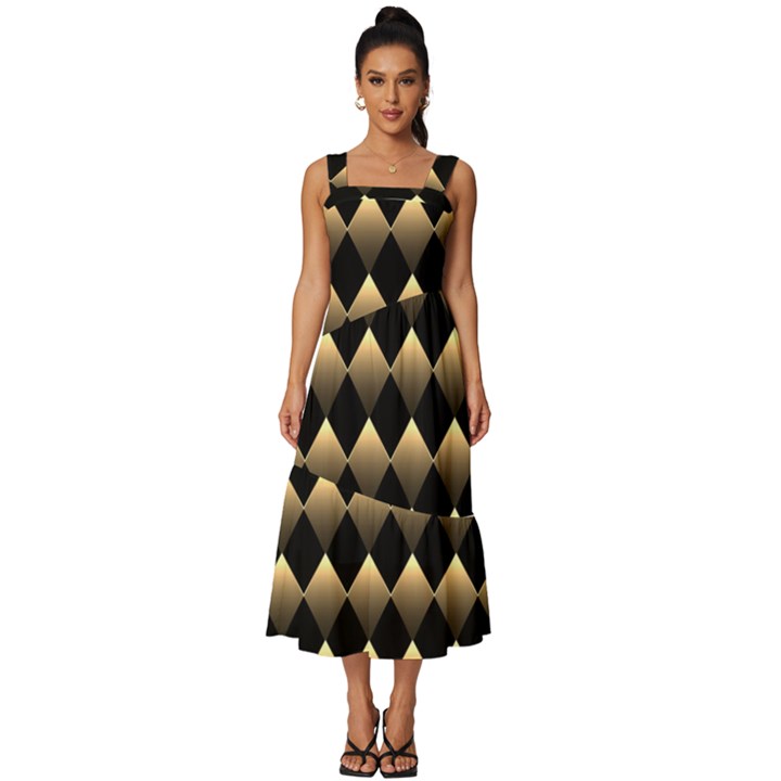 Golden Chess Board Background Square Neckline Tiered Midi Dress