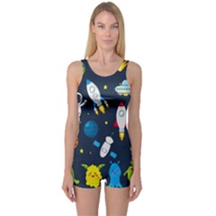 Big-set-cute-astronauts-space-planets-stars-aliens-rockets-ufo-constellations-satellite-moon-rover-v One Piece Boyleg Swimsuit by Salman4z