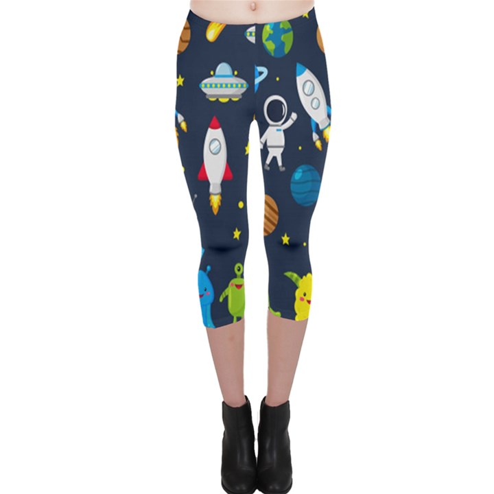 Big-set-cute-astronauts-space-planets-stars-aliens-rockets-ufo-constellations-satellite-moon-rover-v Capri Leggings 