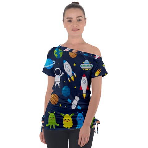 Big-set-cute-astronauts-space-planets-stars-aliens-rockets-ufo-constellations-satellite-moon-rover-v Off Shoulder Tie-up Tee by Salman4z