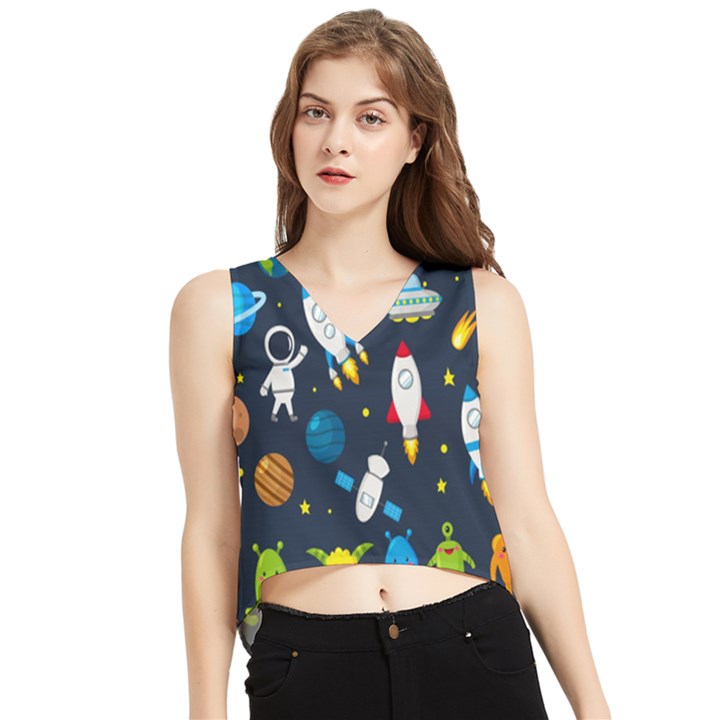 Big-set-cute-astronauts-space-planets-stars-aliens-rockets-ufo-constellations-satellite-moon-rover-v V-Neck Cropped Tank Top