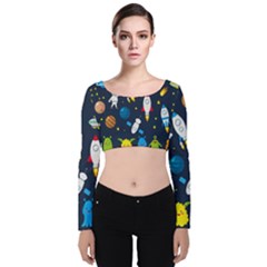 Big-set-cute-astronauts-space-planets-stars-aliens-rockets-ufo-constellations-satellite-moon-rover-v Velvet Long Sleeve Crop Top by Salman4z