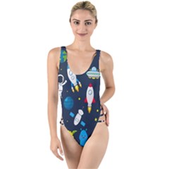 Big-set-cute-astronauts-space-planets-stars-aliens-rockets-ufo-constellations-satellite-moon-rover-v High Leg Strappy Swimsuit by Salman4z