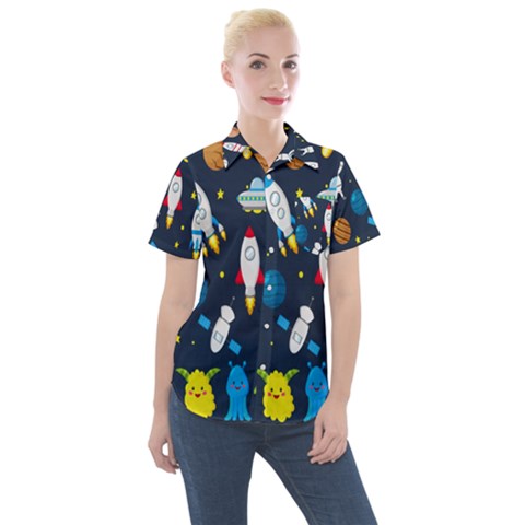 Big-set-cute-astronauts-space-planets-stars-aliens-rockets-ufo-constellations-satellite-moon-rover-v Women s Short Sleeve Pocket Shirt by Salman4z