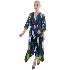 Big-set-cute-astronauts-space-planets-stars-aliens-rockets-ufo-constellations-satellite-moon-rover-v Quarter Sleeve Wrap Front Maxi Dress by Salman4z