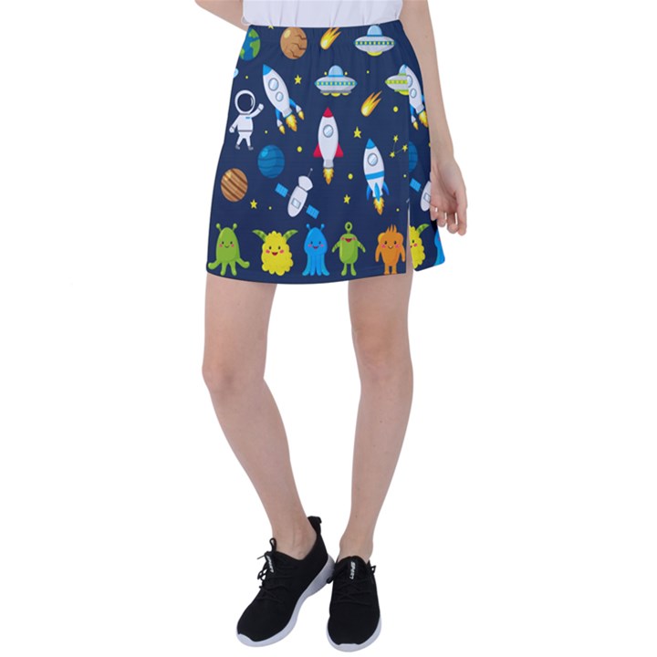 Big-set-cute-astronauts-space-planets-stars-aliens-rockets-ufo-constellations-satellite-moon-rover-v Tennis Skirt