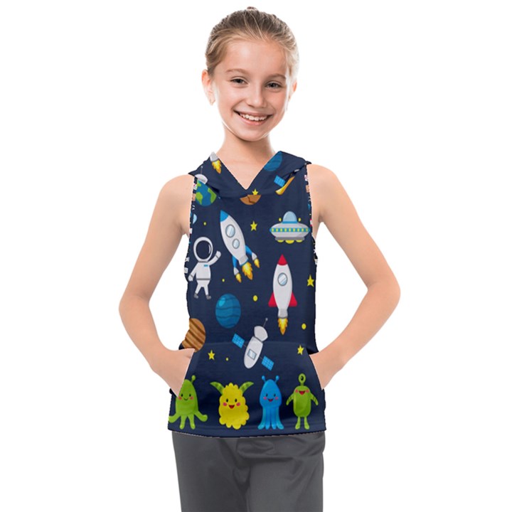 Big-set-cute-astronauts-space-planets-stars-aliens-rockets-ufo-constellations-satellite-moon-rover-v Kids  Sleeveless Hoodie