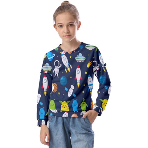 Big-set-cute-astronauts-space-planets-stars-aliens-rockets-ufo-constellations-satellite-moon-rover-v Kids  Long Sleeve Tee With Frill  by Salman4z