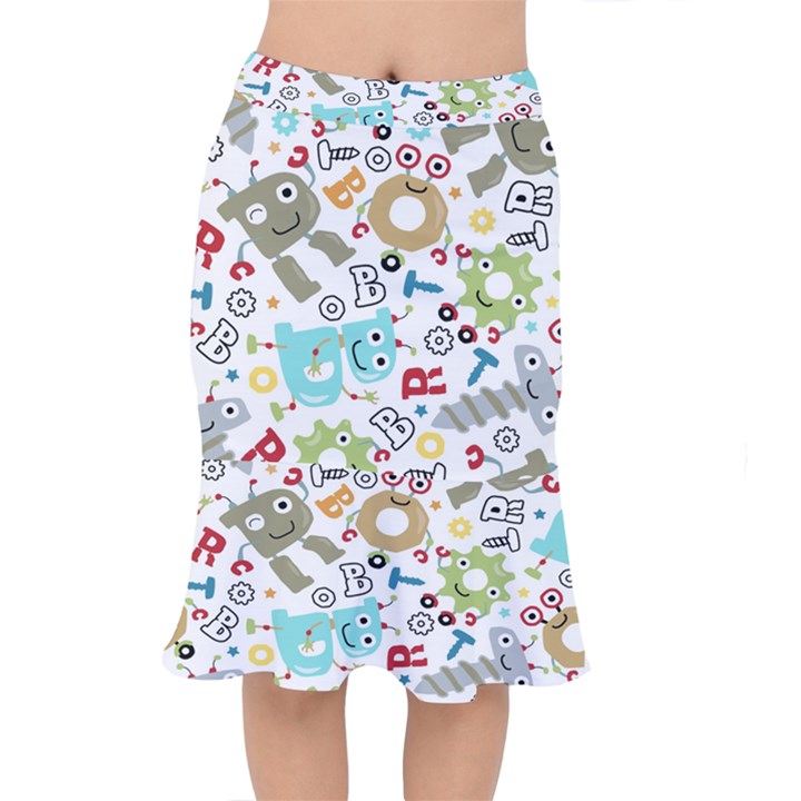 Seamless-pattern-vector-with-funny-robots-cartoon Short Mermaid Skirt