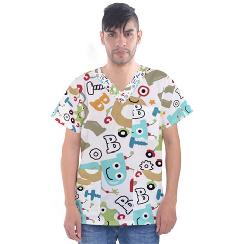 Seamless-pattern-vector-with-funny-robots-cartoon Men s V-neck Scrub Top by Salman4z