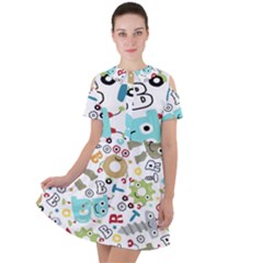 Seamless-pattern-vector-with-funny-robots-cartoon Short Sleeve Shoulder Cut Out Dress  by Salman4z