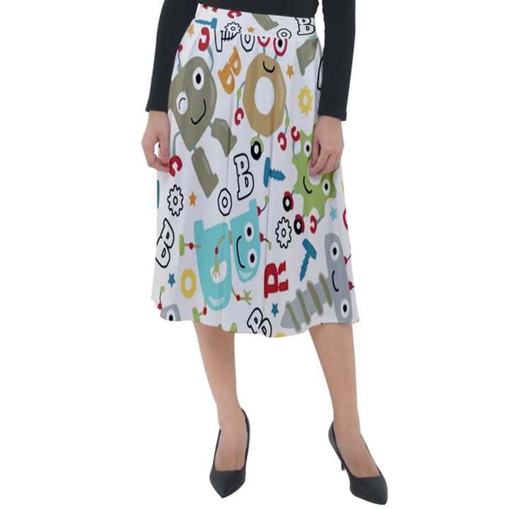 Seamless-pattern-vector-with-funny-robots-cartoon Classic Velour Midi Skirt 