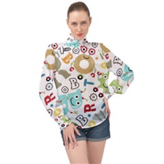 Seamless-pattern-vector-with-funny-robots-cartoon High Neck Long Sleeve Chiffon Top by Salman4z