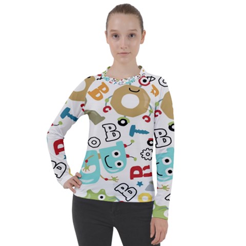 Seamless-pattern-vector-with-funny-robots-cartoon Women s Pique Long Sleeve Tee by Salman4z