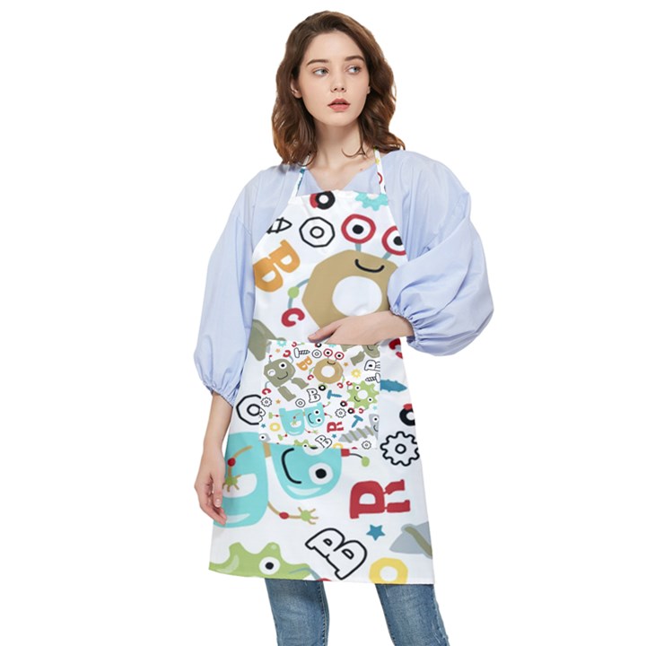 Seamless-pattern-vector-with-funny-robots-cartoon Pocket Apron