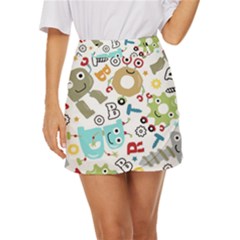 Seamless-pattern-vector-with-funny-robots-cartoon Mini Front Wrap Skirt by Salman4z