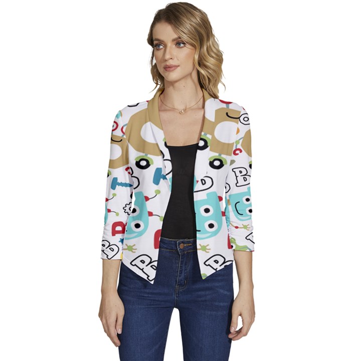 Seamless-pattern-vector-with-funny-robots-cartoon Women s Casual 3/4 Sleeve Spring Jacket