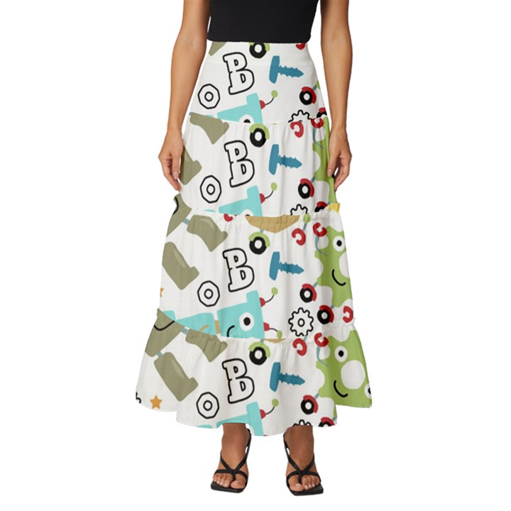 Seamless-pattern-vector-with-funny-robots-cartoon Tiered Ruffle Maxi Skirt