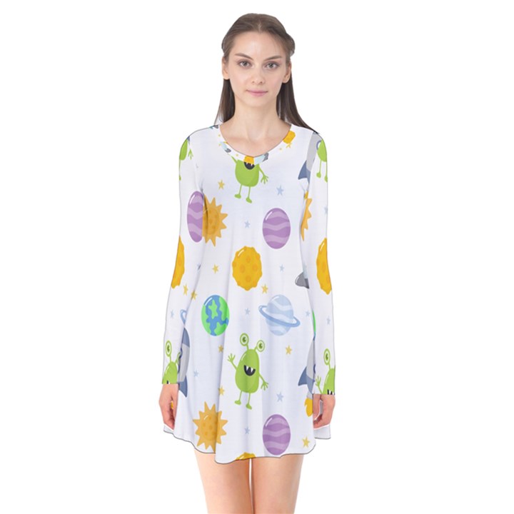 Seamless-pattern-cartoon-space-planets-isolated-white-background Long Sleeve V-neck Flare Dress