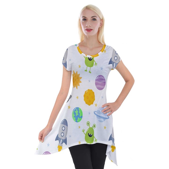 Seamless-pattern-cartoon-space-planets-isolated-white-background Short Sleeve Side Drop Tunic