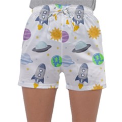 Seamless-pattern-cartoon-space-planets-isolated-white-background Sleepwear Shorts by Salman4z