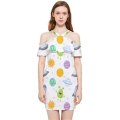 Seamless-pattern-cartoon-space-planets-isolated-white-background Shoulder Frill Bodycon Summer Dress by Salman4z