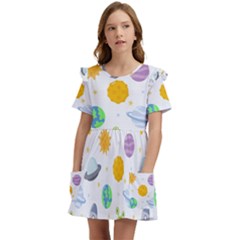 Seamless-pattern-cartoon-space-planets-isolated-white-background Kids  Frilly Sleeves Pocket Dress by Salman4z