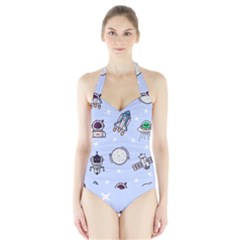 Seamless-pattern-with-space-theme Halter Swimsuit by Salman4z