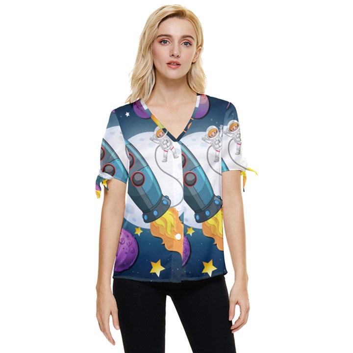 Spaceship-astronaut-space Bow Sleeve Button Up Top