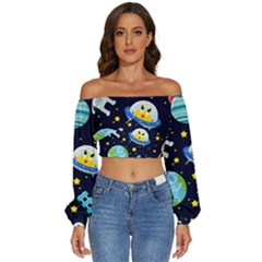 Space-seamless-pattern   - Long Sleeve Crinkled Weave Crop Top